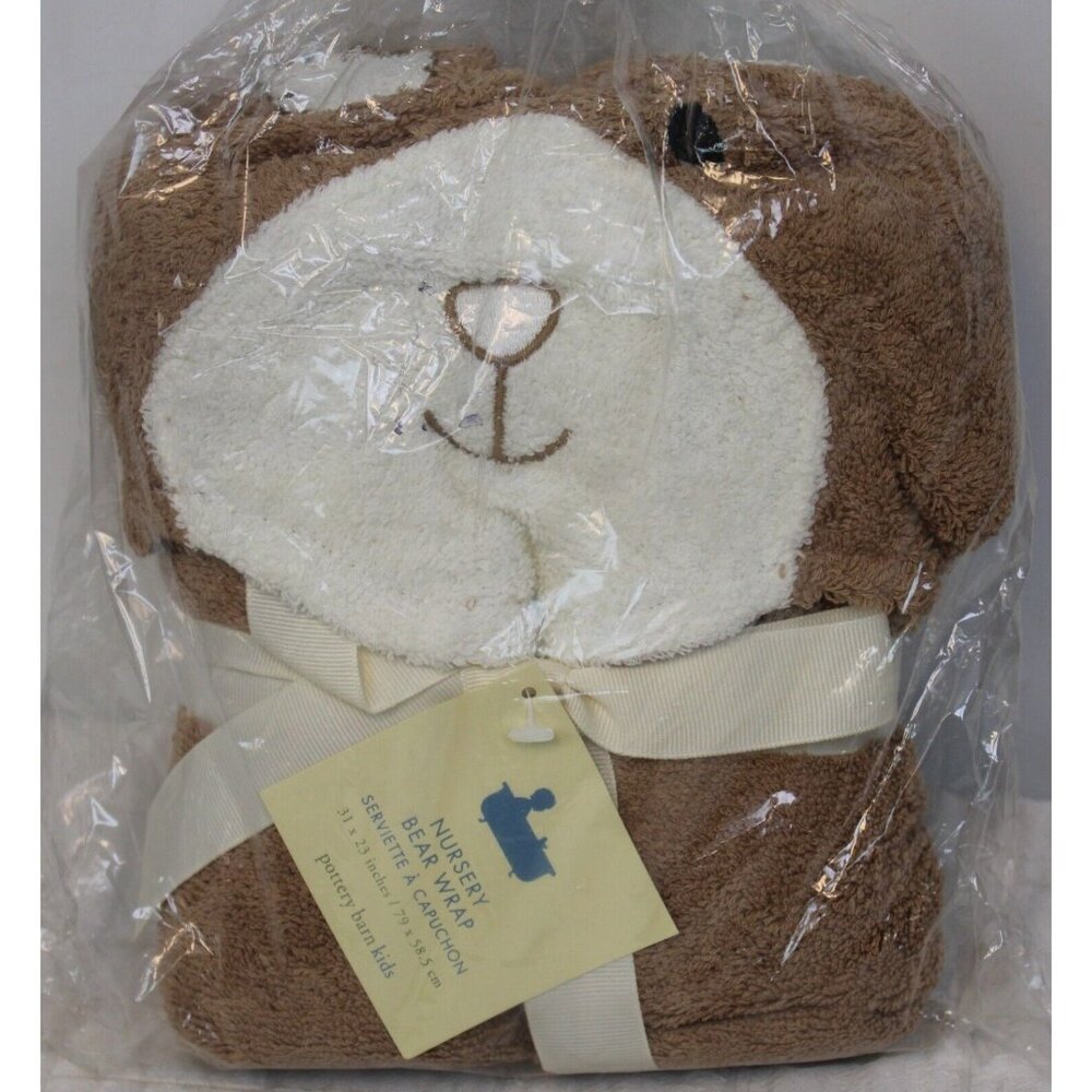 NEW Pottery Barn Kids Baby Hooded Towel Wrap Brown Bear Nursery Shower Gift